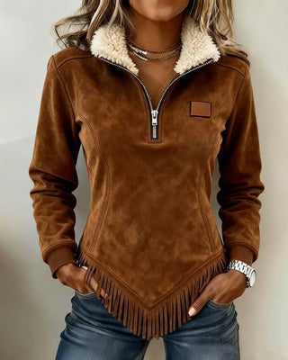 Halb-Zip Kragen Sweatshirt mit asymmetrischem Design und Fransenakzenten