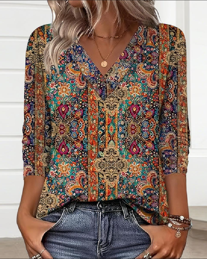 Vintage-inspirierte V-Ausschnitt Druckbluse