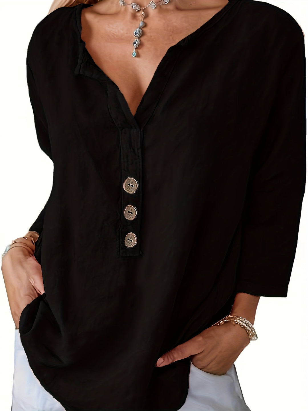 Harper™ - Lockere V-Ausschnitt Bluse mit Knöpfen
