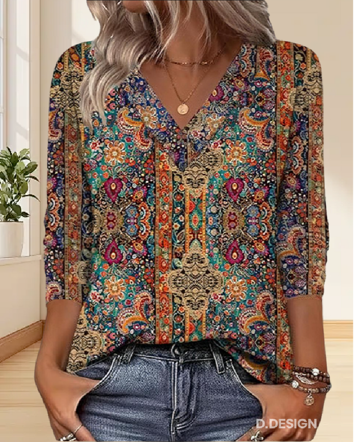 Vintage-inspirierte V-Ausschnitt Druckbluse