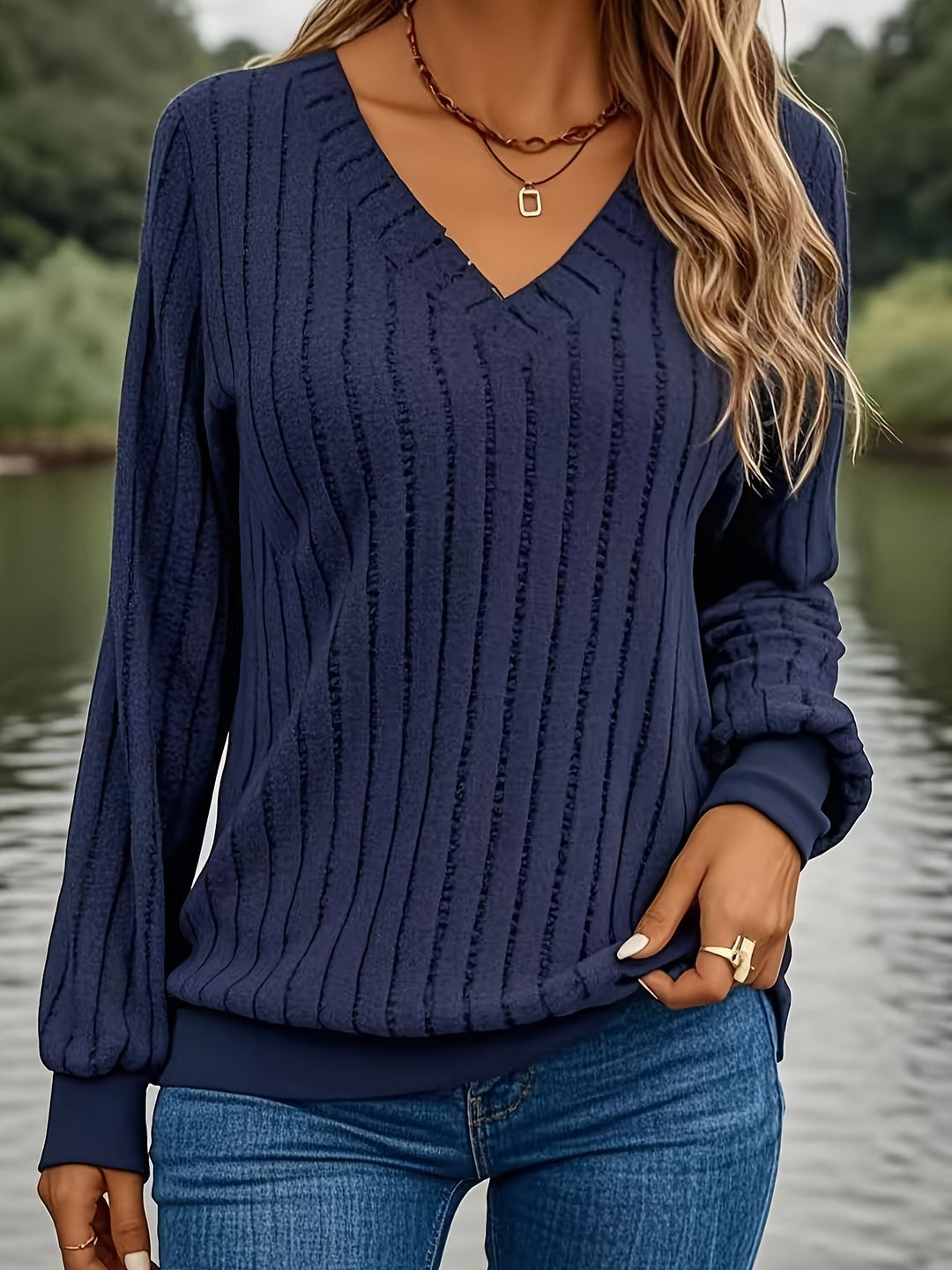 Joan™ - Stilvolles Ripp-V-Ausschnitt Sweatshirt