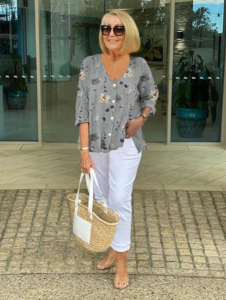 Barbara | Damen Blumenbluse mit V-Ausschnitt