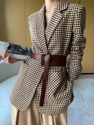 Damen Hahnentritt Blazer mit Gürtel, Knöpfen und Taschen