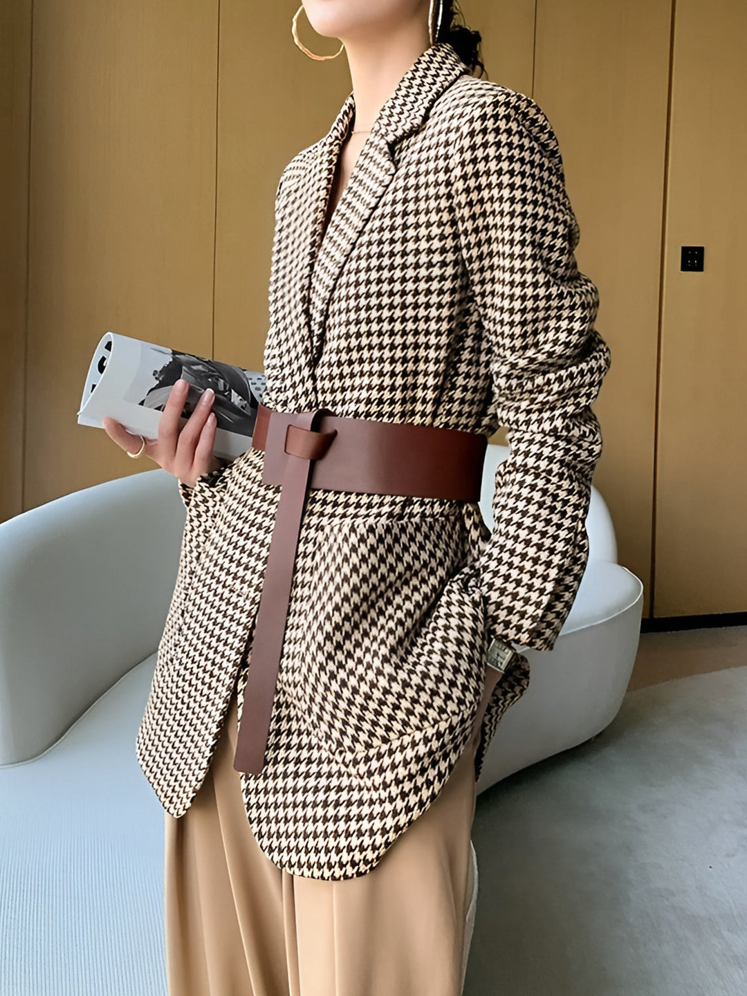 Damen Hahnentritt Blazer mit Gürtel, Knöpfen und Taschen