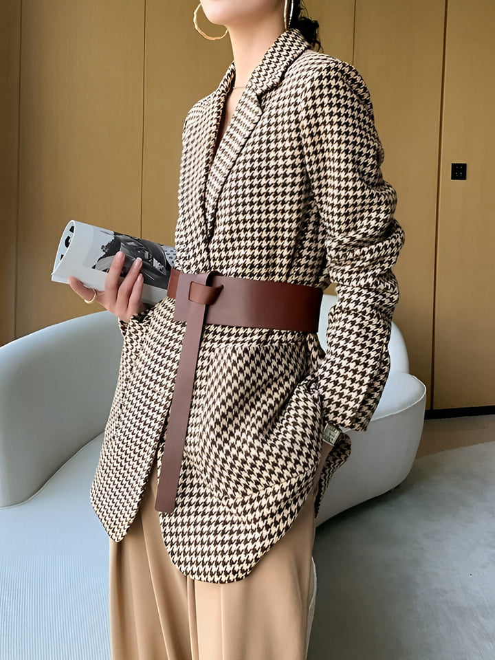 Damen Hahnentritt Blazer mit Gürtel, Knöpfen und Taschen