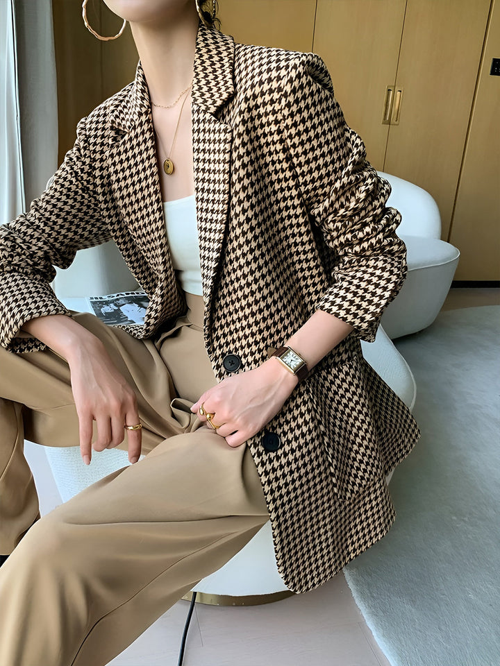 Damen Hahnentritt Blazer mit Gürtel, Knöpfen und Taschen