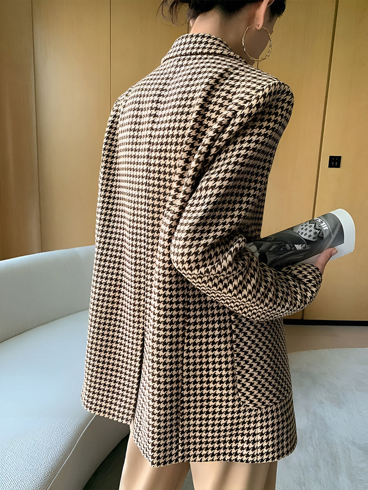 Damen Hahnentritt Blazer mit Gürtel, Knöpfen und Taschen