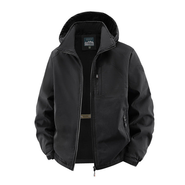 Herren Softshelljacke im Tactical-Stil mit versteckter Kapuze und Brusttasche