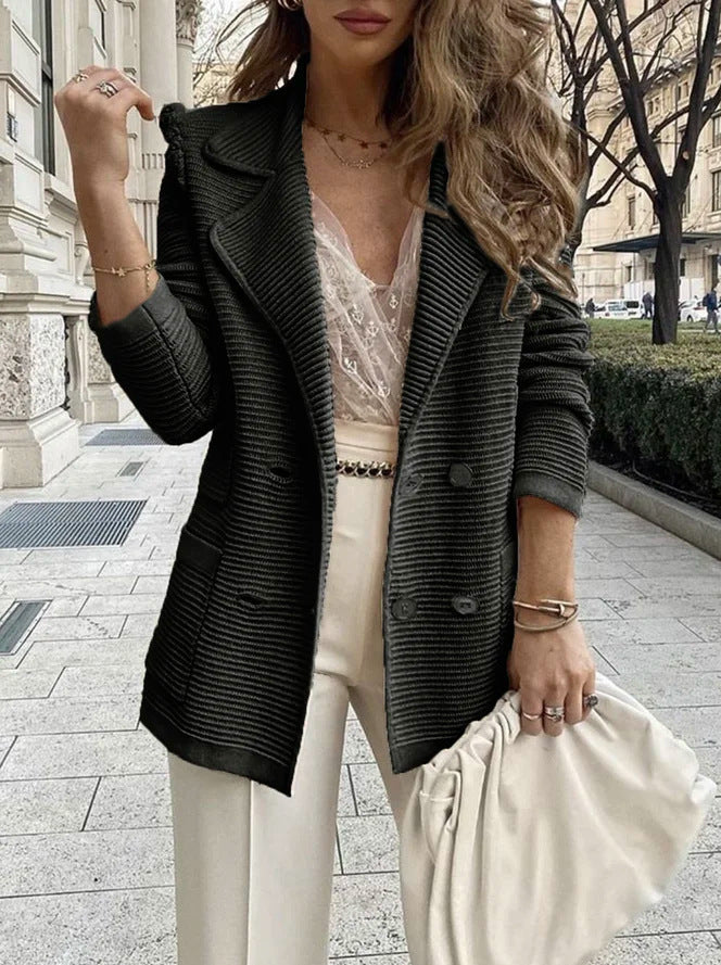 Damen Strickblazer mit doppelter Knopfleiste und Reverskragen