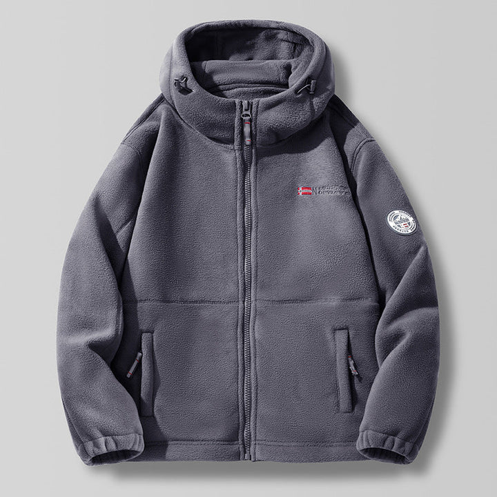 Herren Kapuzen-Fleecejacke mit hohem Haubenkragen und Reißverschluss