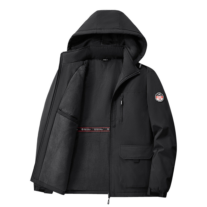 Herren gefütterte Softshell-Winterjacke mit Kapuze und Multifunktionstaschen