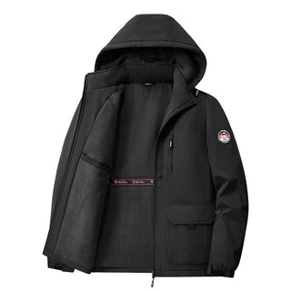Herren gefütterte Softshell-Winterjacke mit Kapuze und Multifunktionstaschen
