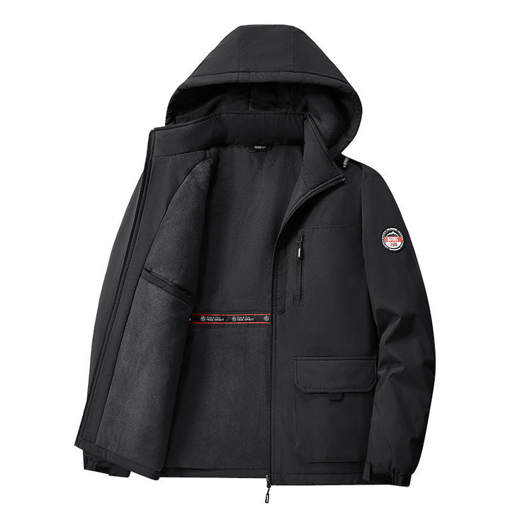 Herren gefütterte Softshell-Winterjacke mit Kapuze und Multifunktionstaschen