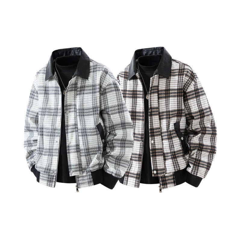 Herren karierte Overshirt-Jacke mit Kunstlederkragen und warmem Innenfutter
