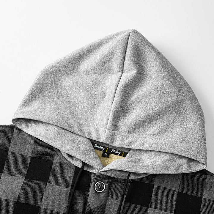 Herren kariertes Overshirt mit Kapuze, Brusttasche und Druckknopfverschluss