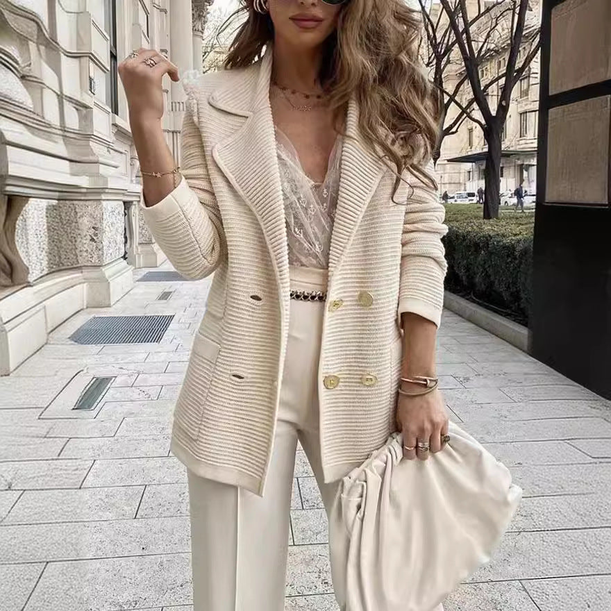 Damen Strickblazer mit doppelter Knopfleiste und Reverskragen