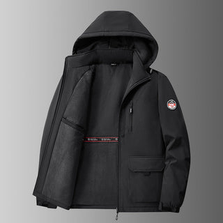 Herren gefütterte Softshell-Winterjacke mit Kapuze und Multifunktionstaschen