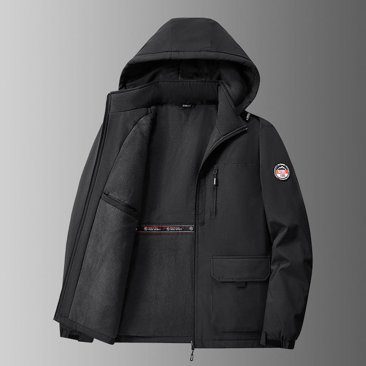Herren gefütterte Softshell-Winterjacke mit Kapuze und Multifunktionstaschen