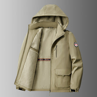 Herren gefütterte Softshell-Winterjacke mit Kapuze und Multifunktionstaschen