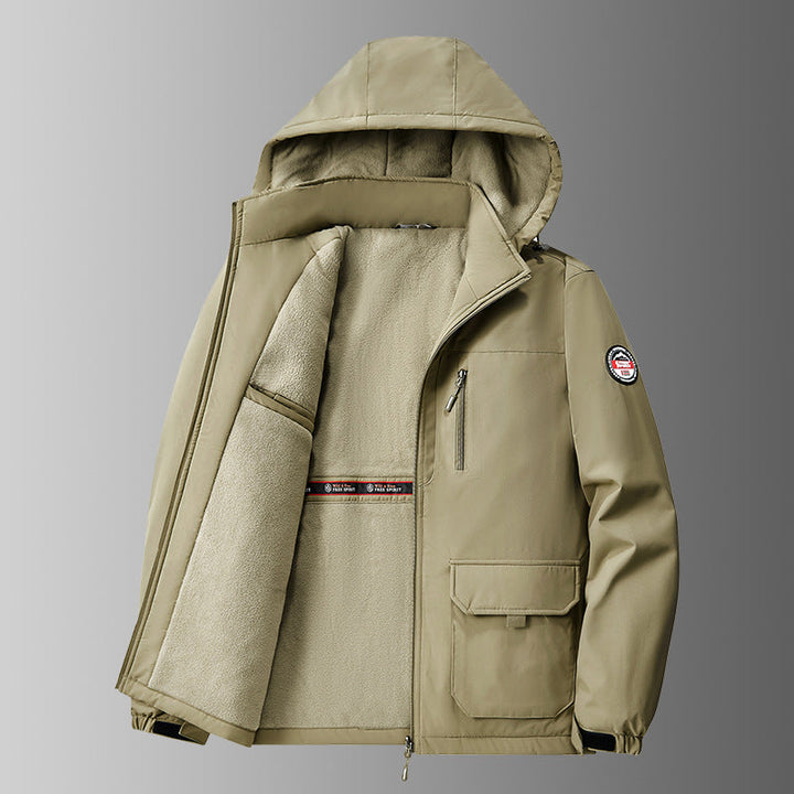 Herren gefütterte Softshell-Winterjacke mit Kapuze und Multifunktionstaschen