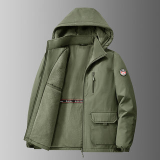 Herren gefütterte Softshell-Winterjacke mit Kapuze und Multifunktionstaschen