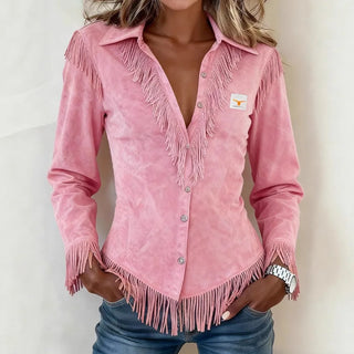 Solène │ Wildleder Bluse mit Knöpfen und Fransen-Details