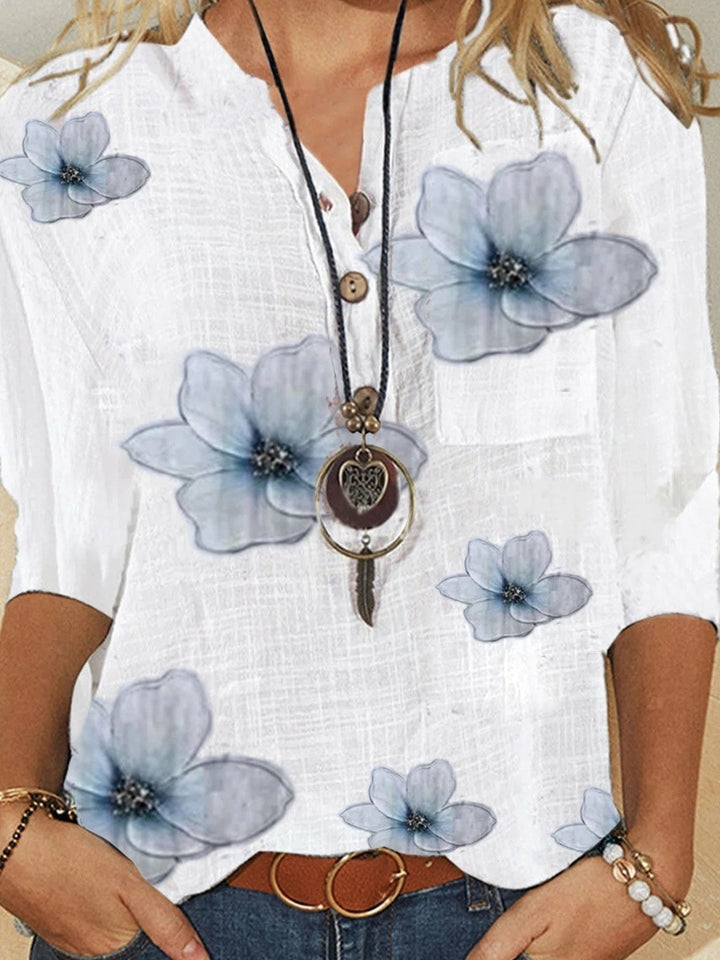 Damen Bluse mit floralem V-Ausschnitt und Knopfleiste