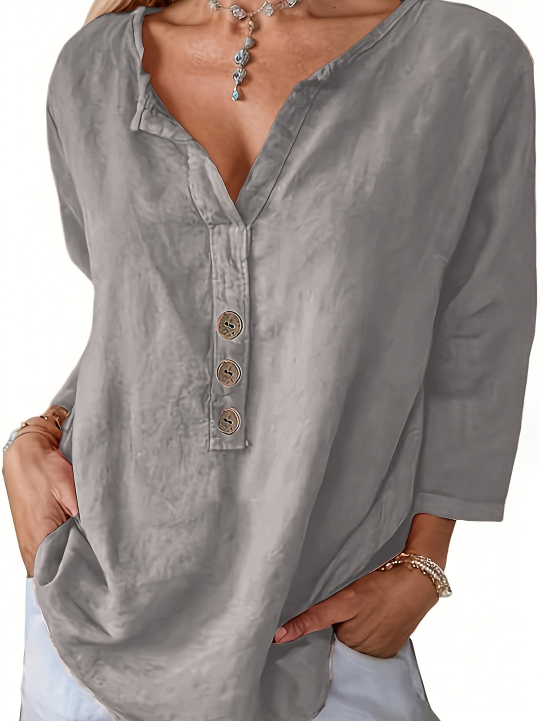 Harper™ - Lockere V-Ausschnitt Bluse mit Knöpfen