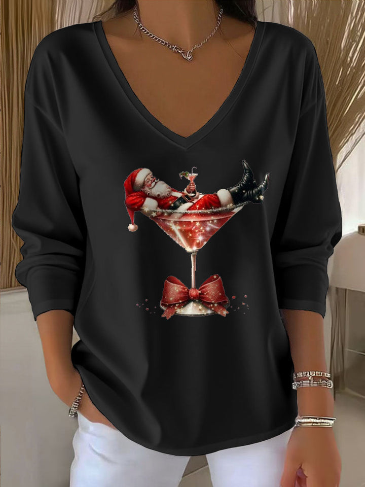 Damen Santa Claus Bedrucktes V-Ausschnitt T-Shirt