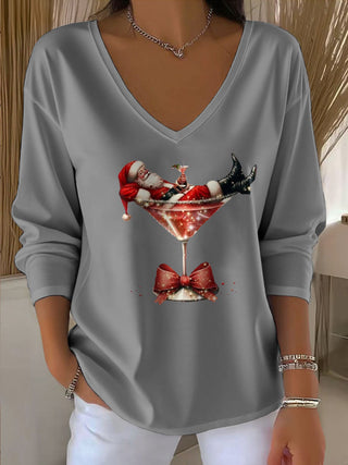 Damen Santa Claus Bedrucktes V-Ausschnitt T-Shirt