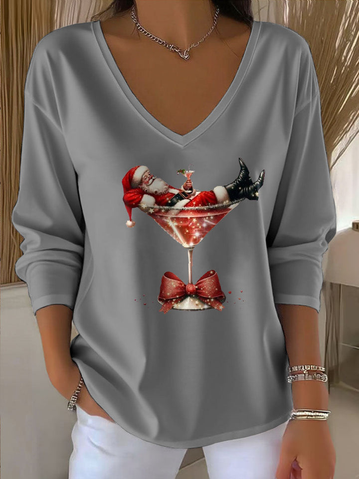 Damen Santa Claus Bedrucktes V-Ausschnitt T-Shirt
