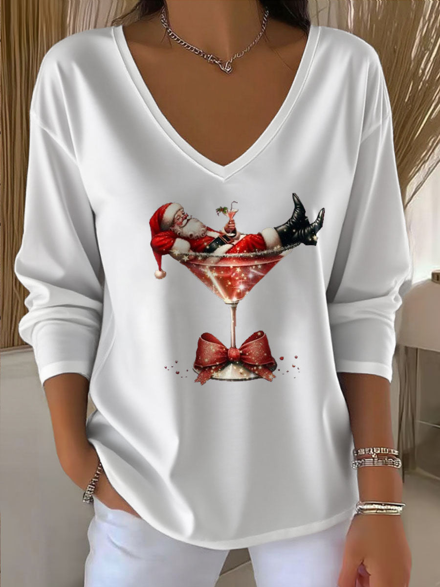 Damen Santa Claus Bedrucktes V-Ausschnitt T-Shirt