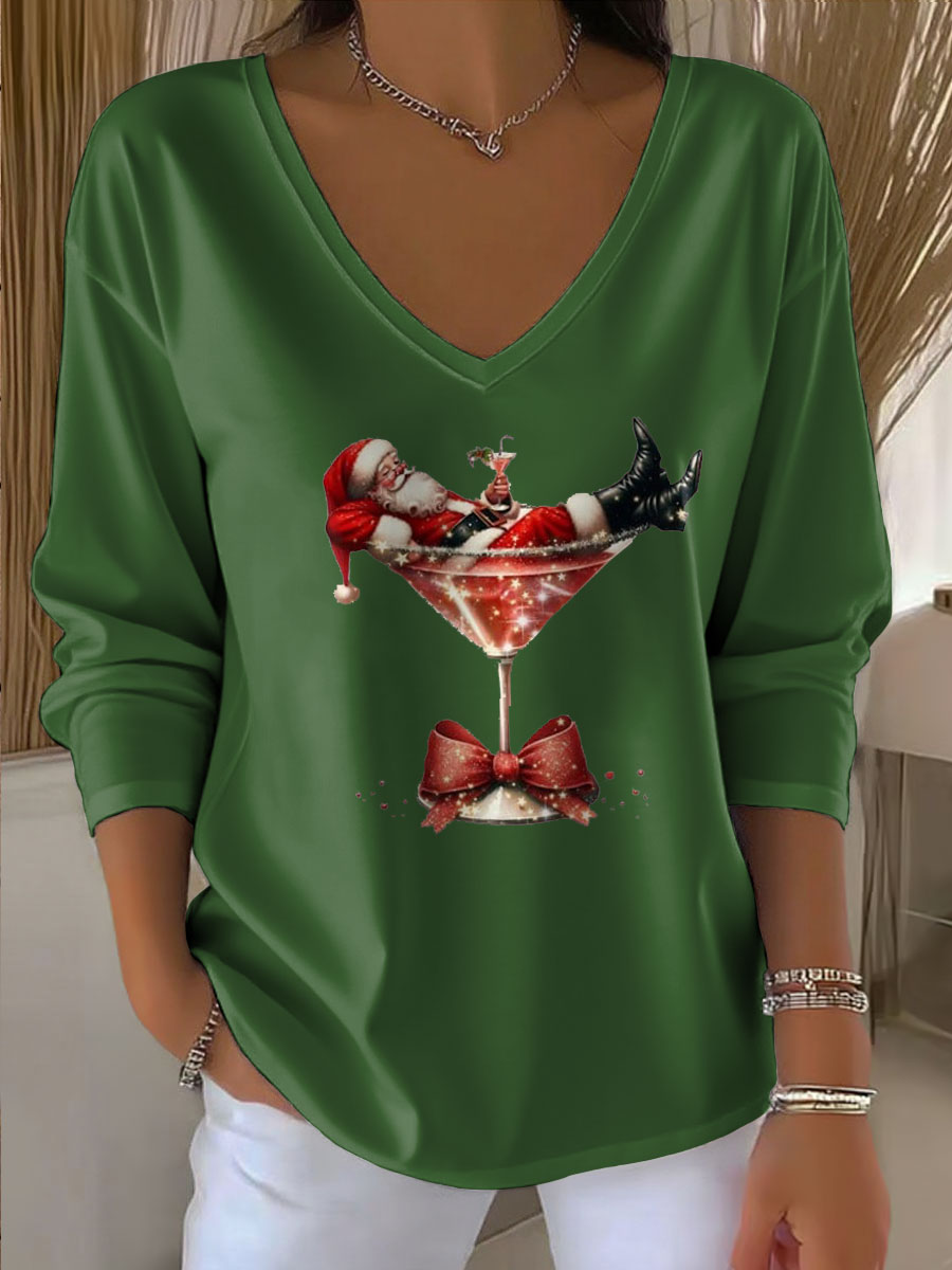 Damen Santa Claus Bedrucktes V-Ausschnitt T-Shirt