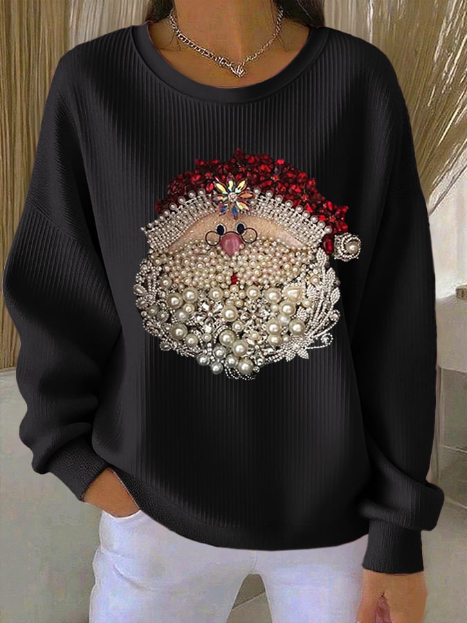 Damen Santa Claus Bedruckter Gerippter Rundhals-Sweatshirt